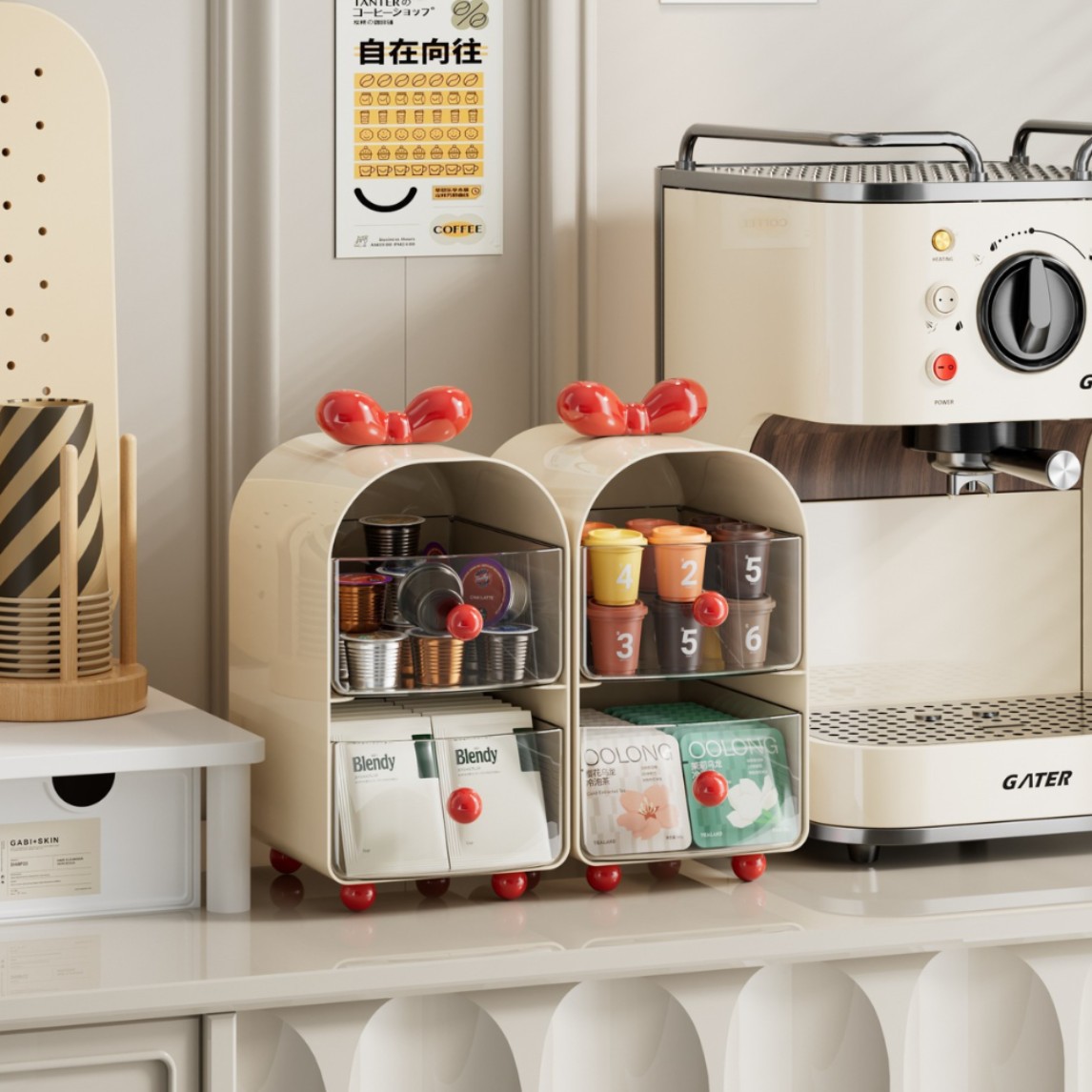Coffee Tea Box - Creamy Coffee Capsule Organizer, 2-Tier Drawer